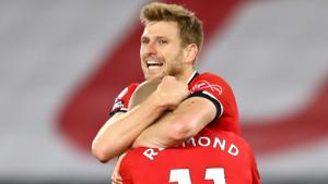 Southampton's Stuart Armstrong celebrates scoring their second goal.(Pool via REUTERS) Southampton's Stuart Armstrong celebrates scoring their second goal.(Pool via REUTERS)