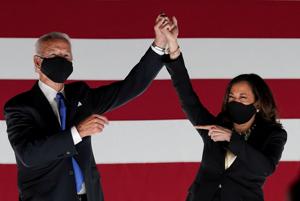Democratic presidential candidate and former Vice President Joe Biden and US Senator and Democratic candidate for Vice President Kamala Harris celebrate outside the Chase Center after Biden accepted the 2020 Democratic presidential nomination during the largely virtual 2020 Democratic National Convention, in Wilmington.(REUTERS) Democratic presidential candidate and former Vice President Joe Biden and US Senator and Democratic candidate for Vice President Kamala Harris celebrate outside the Chase Center after Biden accepted the 2020 Democratic presidential nomination during the largely virtual 2020 Democratic National Convention, in Wilmington.(REUTERS)