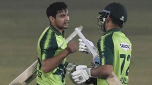 Khushdil Shah (L) and Haider Ali after Pakistan’s win.(AP) Khushdil Shah (L) and Haider Ali after Pakistan’s win.(AP)