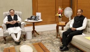 Himachal chief minister Jai Ram Thakur with national party chief Jagat Prakash Nadda in New Delhi on Saturday.(HT Photo) Himachal chief minister Jai Ram Thakur with national party chief Jagat Prakash Nadda in New Delhi on Saturday.(HT Photo)