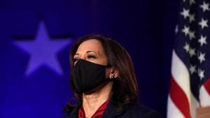 Vice presidential nominee Kamala Harris listens as US Democratic presidential nominee Joe Biden speaks about election results in Wilmington, Delaware.(REUTERS) Vice presidential nominee Kamala Harris listens as US Democratic presidential nominee Joe Biden speaks about election results in Wilmington, Delaware.(REUTERS)