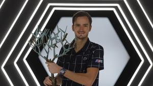 Russia's Daniil Medvedev poses with his trophy after the Paris Masters tennis tournament final, Sunday, Nov. 8, 2020 in Paris. Daniil Medvedev won the Paris Masters for the first time by beating Germany's Alexander Zverev 5-7, 6-4, 6-1 on Sunday for his eighth career title and third at a Masters event.(AP) Russia's Daniil Medvedev poses with his trophy after the Paris Masters tennis tournament final, Sunday, Nov. 8, 2020 in Paris. Daniil Medvedev won the Paris Masters for the first time by beating Germany's Alexander Zverev 5-7, 6-4, 6-1 on Sunday for his eighth career title and third at a Masters event.(AP)