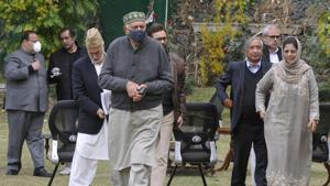 National Conference president and member of Parliament Farooq Abdullah, former chief minister Omar Abdullah and Peoples Conference chairman Sajad Gani Lone at the residence of Peoples Democratic Party president and former chief minister Mehbooba Mufti during a meeting to discuss the abrogation of Article 370 in Srinagar in October.(HT Photo) National Conference president and member of Parliament Farooq Abdullah, former chief minister Omar Abdullah and Peoples Conference chairman Sajad Gani Lone at the residence of Peoples Democratic Party president and former chief minister Mehbooba Mufti during a meeting to discuss the abrogation of Article 370 in Srinagar in October.(HT Photo)