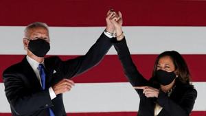 President- elect Joe Biden and vice president elect Kamala Harris celebrate outside the Chase Center after Biden won the 2020 US Presidential elections.(Reuters) President- elect Joe Biden and vice president elect Kamala Harris celebrate outside the Chase Center after Biden won the 2020 US Presidential elections.(Reuters)