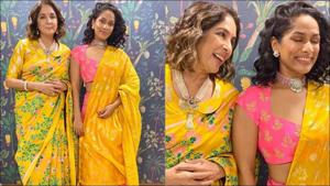 Neena Gupta in floral bloom saree and Masaba Gupta in candy pink lehenga slay this Diwali(Instagram/houseofmasaba) Neena Gupta in floral bloom saree and Masaba Gupta in candy pink lehenga slay this Diwali(Instagram/houseofmasaba)