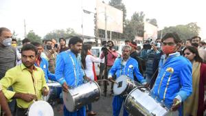 Patna, India – November 10, 2020: A band plays drums as NDA supporters celebrat the alliance's leads, at BJP office on counting day of Bihar Assembly polls, in Patna, Bihar, India, on Tuesday November 10 2020. (Photo by Santosh Kumar/ Hindustan Times) Patna, India – November 10, 2020: A band plays drums as NDA supporters celebrat the alliance's leads, at BJP office on counting day of Bihar Assembly polls, in Patna, Bihar, India, on Tuesday November 10 2020. (Photo by Santosh Kumar/ Hindustan Times)