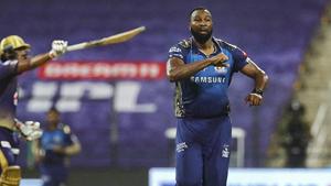 Mumbai Indians player Kieron Pollard celebrates the wicket of Kolkata Knight Riders batsman Nitish Rana during IPL 2020 cricket match, at Sheikh Zayed Stadium, in Abu Dhabi.(PTI) Mumbai Indians player Kieron Pollard celebrates the wicket of Kolkata Knight Riders batsman Nitish Rana during IPL 2020 cricket match, at Sheikh Zayed Stadium, in Abu Dhabi.(PTI)
