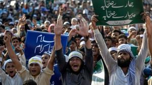 A protest against blasphemy in Pakistan. Blasphemy is a sensitive issue in the country. The murder of the mother-son duo was caused by their alleged blasphemous remarks, according to media reports.(AFP file) A protest against blasphemy in Pakistan. Blasphemy is a sensitive issue in the country. The murder of the mother-son duo was caused by their alleged blasphemous remarks, according to media reports.(AFP file)