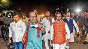 RJD leader Manoj Jha and other party leaders arrive at election office during the counting of votes for the Bihar Assembly election in Patna.(PTI Photo) RJD leader Manoj Jha and other party leaders arrive at election office during the counting of votes for the Bihar Assembly election in Patna.(PTI Photo)