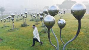 A man walks past the 'Sprouts' public art installation, in the early hours of the morning at AIIMS in New Delhi on Tuesday, November 10, 2020.(Sanchit Khanna/HT PHOTO) A man walks past the 'Sprouts' public art installation, in the early hours of the morning at AIIMS in New Delhi on Tuesday, November 10, 2020.(Sanchit Khanna/HT PHOTO)