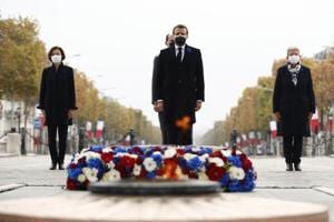 Wednesday’s blast came as French President Emmanuel Macron, the target of ire in much of the Muslim world for vowing to confront Islamist radicalism following a spate of attacks, attended a WWI memorial ceremony in Paris(AFP) Wednesday’s blast came as French President Emmanuel Macron, the target of ire in much of the Muslim world for vowing to confront Islamist radicalism following a spate of attacks, attended a WWI memorial ceremony in Paris(AFP)