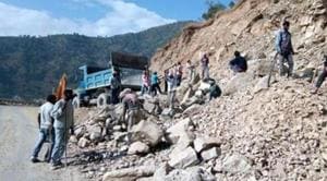 A stretch of the Char Dham road in Uttarakhand being widened.(HT PHOTO)