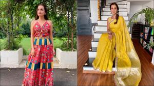 Dia Mirza sizzles up Diwali fashion in boho chic maxi-elegant zari saree(Instagram/diamirzaofficial) Dia Mirza sizzles up Diwali fashion in boho chic maxi-elegant zari saree(Instagram/diamirzaofficial)