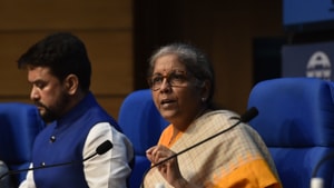 Union finance minister Nirmala Sitharaman along with minister of state for finance Anurag Thakur address a press conference at National Media Centre, in New Delhi.(Sanjeev Verma/HT Photo) Union finance minister Nirmala Sitharaman along with minister of state for finance Anurag Thakur address a press conference at National Media Centre, in New Delhi.(Sanjeev Verma/HT Photo)