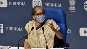 Union finance minister Nirmala Sitharaman addressing a press conference on Cabinet decisions at National Media Centre, in New Delhi on Wednesday.(Sanjeev Verma/HT PHOTO) Union finance minister Nirmala Sitharaman addressing a press conference on Cabinet decisions at National Media Centre, in New Delhi on Wednesday.(Sanjeev Verma/HT PHOTO)