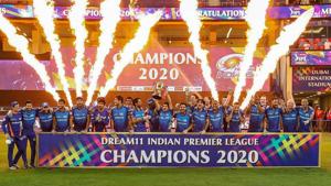 Mumbai Indians team pose with the winners trophy after winning the final cricket match of the Indian Premier League (IPL) T20 against Delhi Capitals, at Dubai International Cricket Stadium in Dubai.(PTI) Mumbai Indians team pose with the winners trophy after winning the final cricket match of the Indian Premier League (IPL) T20 against Delhi Capitals, at Dubai International Cricket Stadium in Dubai.(PTI)