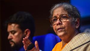Union Finance Minister Nirmala Sitharaman and Minister of State Anurag Thakur during a news conference in New Delhi.(PTI) Union Finance Minister Nirmala Sitharaman and Minister of State Anurag Thakur during a news conference in New Delhi.(PTI)