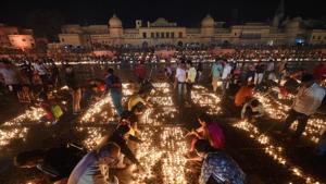 Deepotsav celebrations began on Friday in Ayodhya in the presence of Uttar Pradesh governor Anandiben Patel and chief minister Yogi Adityanath(PTI) Deepotsav celebrations began on Friday in Ayodhya in the presence of Uttar Pradesh governor Anandiben Patel and chief minister Yogi Adityanath(PTI)