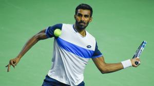 Prajnesh Gunneswaran of India in action against Yannik Maden of Germany at the TATA Open Maharashtra tournament held at Balewadi Sports Complex in Pune.