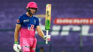 Rajasthan Royals player Jos Buttler after scoring the half-century during IPL 2020 cricket match, at Sheikh Zayed Stadium in Abu Dhabi, United Arab Emirates.(PTI) Rajasthan Royals player Jos Buttler after scoring the half-century during IPL 2020 cricket match, at Sheikh Zayed Stadium in Abu Dhabi, United Arab Emirates.(PTI)