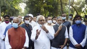 Bihar chief minister and Janata Dal (United) president Nitish Kumar with deputy CM Sushil Kumar Modi, BJP state president Sanjay Jaishwal and others after a meeting, in Patna on November 13.(PTI) Bihar chief minister and Janata Dal (United) president Nitish Kumar with deputy CM Sushil Kumar Modi, BJP state president Sanjay Jaishwal and others after a meeting, in Patna on November 13.(PTI)