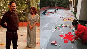 Ayushmann Khurrana with wife Tahira Kashyap during Diwali celebrations. Ayushmann Khurrana with wife Tahira Kashyap during Diwali celebrations.