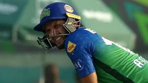 The top half of Shahid Afridi’s helmet grille was missing(PSL Screengrab) The top half of Shahid Afridi’s helmet grille was missing(PSL Screengrab)