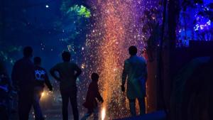 People bursting crackers in the National Capital Region on Diwali despite a ban on fireworks leading to rising pollution levels.(SANCHIT KHANNA/HT PHOTO.) People bursting crackers in the National Capital Region on Diwali despite a ban on fireworks leading to rising pollution levels.(SANCHIT KHANNA/HT PHOTO.)