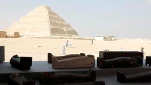 Sarcophaguses that are around 2500 years old, from the newly discovered burial site near Egypt's Saqqara necropolis, are seen during a presentation in Giza, Egypt.(REUTERS) Sarcophaguses that are around 2500 years old, from the newly discovered burial site near Egypt's Saqqara necropolis, are seen during a presentation in Giza, Egypt.(REUTERS)