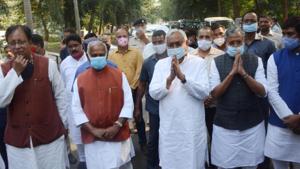 Nitish Kumar with NDA leaders ahead of the alliance’s meeting.(Santosh Kumar/HT Photo) Nitish Kumar with NDA leaders ahead of the alliance’s meeting.(Santosh Kumar/HT Photo)