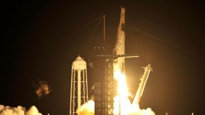 Sunday’s launch follows by just a few months SpaceX’s two-pilot test flight. It kicks off what NASA hopes will be a long series of crew rotations between the US and the space station, after years of delay.(Reuters) Sunday’s launch follows by just a few months SpaceX’s two-pilot test flight. It kicks off what NASA hopes will be a long series of crew rotations between the US and the space station, after years of delay.(Reuters)