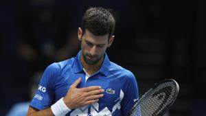 London : Novak Djokovic of Serbia celebrates winning match point against Diego Schwartzman of Argentina during their singles tennis match at the ATP World Finals tennis tournament at the O2 arena in London, Monday, Nov. 16, 2020.(AP) London : Novak Djokovic of Serbia celebrates winning match point against Diego Schwartzman of Argentina during their singles tennis match at the ATP World Finals tennis tournament at the O2 arena in London, Monday, Nov. 16, 2020.(AP)