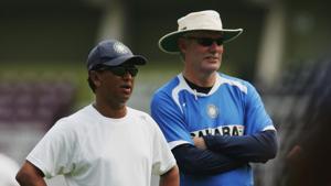 Kiran More head of the Indian selectors with coach Greg Chappell during net practice at the T.Jawaharlal Nehru Stadium.(Getty Images) Kiran More head of the Indian selectors with coach Greg Chappell during net practice at the T.Jawaharlal Nehru Stadium.(Getty Images)