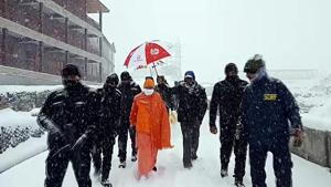 Uttar Pradesh Chief Minister Adityanath at the Kedarnath temple that witnessed heavy snowfall on Monday.(ANI) Uttar Pradesh Chief Minister Adityanath at the Kedarnath temple that witnessed heavy snowfall on Monday.(ANI)
