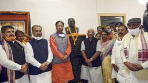 Bihar BJP president Sanjay Jaiswal with Deputy CMs Tarkishor Prasad and Renu Devi, Cabinet minister Mangal Pandey and other leaders at the party office in Patna on November 17.(PTI) Bihar BJP president Sanjay Jaiswal with Deputy CMs Tarkishor Prasad and Renu Devi, Cabinet minister Mangal Pandey and other leaders at the party office in Patna on November 17.(PTI)