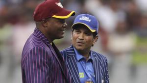 West Indies Legends' Brian Lara and India Legends' Sachin Tendulkar.(AP) West Indies Legends' Brian Lara and India Legends' Sachin Tendulkar.(AP)