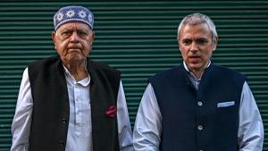 Jammu and Kashmir National Conference President Farooq Abdullah (L) along with his son and former Jammu and Kashmir chief minister Omar Abdullah after a meeting with political leaders in Srinagar on October 15, 2020.(AFP) Jammu and Kashmir National Conference President Farooq Abdullah (L) along with his son and former Jammu and Kashmir chief minister Omar Abdullah after a meeting with political leaders in Srinagar on October 15, 2020.(AFP)