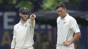 New Zealand captain Kane Williamson gestures as he speaks with Trent Boult.(AP) New Zealand captain Kane Williamson gestures as he speaks with Trent Boult.(AP)