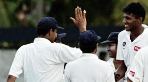 Indian bowler Abey Kuruvilla being congratulated by his teammates (File)(Associated Press) Indian bowler Abey Kuruvilla being congratulated by his teammates (File)(Associated Press)