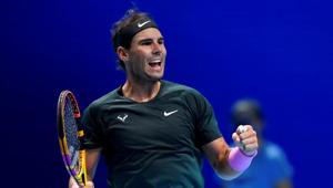 Spain's Rafael Nadal celebrates after winning his group stage match against Greece's Stefanos Tsitsipas.(REUTERS) Spain's Rafael Nadal celebrates after winning his group stage match against Greece's Stefanos Tsitsipas.(REUTERS)
