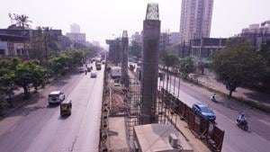 The Kolshet plot was given to the Metro4 (in pic) contractor by the TMC temporarily free of cost.(HT PHOTO) The Kolshet plot was given to the Metro4 (in pic) contractor by the TMC temporarily free of cost.(HT PHOTO)