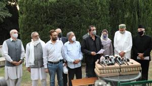PAGD members Farooq Abdullah, Mehbooba Mufti, Sajad Lone and others address a press conference in Jammu on November 7.(File photo) PAGD members Farooq Abdullah, Mehbooba Mufti, Sajad Lone and others address a press conference in Jammu on November 7.(File photo)