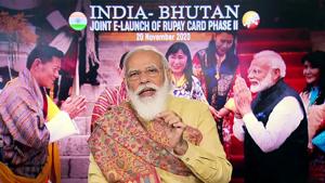 Prime Minister Narendra Modi also launched phase two of the RuPay card scheme in Bhutan, via video conference in New Delhi on Friday.(ANI) Prime Minister Narendra Modi also launched phase two of the RuPay card scheme in Bhutan, via video conference in New Delhi on Friday.(ANI)