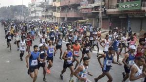 Participants run during 34th All India Prize Money Indira Marathon organised to mark the birth anniversary of late Indira Gandhi, in Prayagraj, in 2018.(PTI File) Participants run during 34th All India Prize Money Indira Marathon organised to mark the birth anniversary of late Indira Gandhi, in Prayagraj, in 2018.(PTI File)