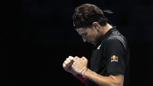 Dominic Thiem of Austria celebrates after winning his semifinal match against Novak Djokovic of Serbia at the ATP World Finals tennis tournament at the O2 arena in London, Saturday, Nov. 21, 2020. Thiem beat the top-ranked Djokovic 7-5, 6-7 (10), 7-6 (5). (AP Photo/Frank Augstein)(AP) Dominic Thiem of Austria celebrates after winning his semifinal match against Novak Djokovic of Serbia at the ATP World Finals tennis tournament at the O2 arena in London, Saturday, Nov. 21, 2020. Thiem beat the top-ranked Djokovic 7-5, 6-7 (10), 7-6 (5). (AP Photo/Frank Augstein)(AP)