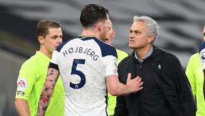 Tottenham Hotspur manager Jose Mourinho celebrates with Pierre-Emile Hojbjerg after the match.(Pool via REUTERS) Tottenham Hotspur manager Jose Mourinho celebrates with Pierre-Emile Hojbjerg after the match.(Pool via REUTERS)