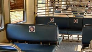 Stickers remind people not to sit on particular seats to ensure social distancing on Mumbai locals.(Photo:Sourced) Stickers remind people not to sit on particular seats to ensure social distancing on Mumbai locals.(Photo:Sourced)