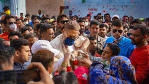 AIMIM president and MP Asaduddin Owaisi participates in a door-to-door GHMC election campaign for Jambagh candidate Jadala Ravindra at Jambagh division in Hyderabad.(PTI) AIMIM president and MP Asaduddin Owaisi participates in a door-to-door GHMC election campaign for Jambagh candidate Jadala Ravindra at Jambagh division in Hyderabad.(PTI)