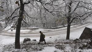 A man walking along a road during snowfall on the outskirts of Srinagar.(Waseem Andrabi/HT PHOTO) A man walking along a road during snowfall on the outskirts of Srinagar.(Waseem Andrabi/HT PHOTO)