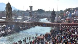 A grand bridge built ahead of Mahakumbh 2021 in Haridwar.(HT Photo) A grand bridge built ahead of Mahakumbh 2021 in Haridwar.(HT Photo)